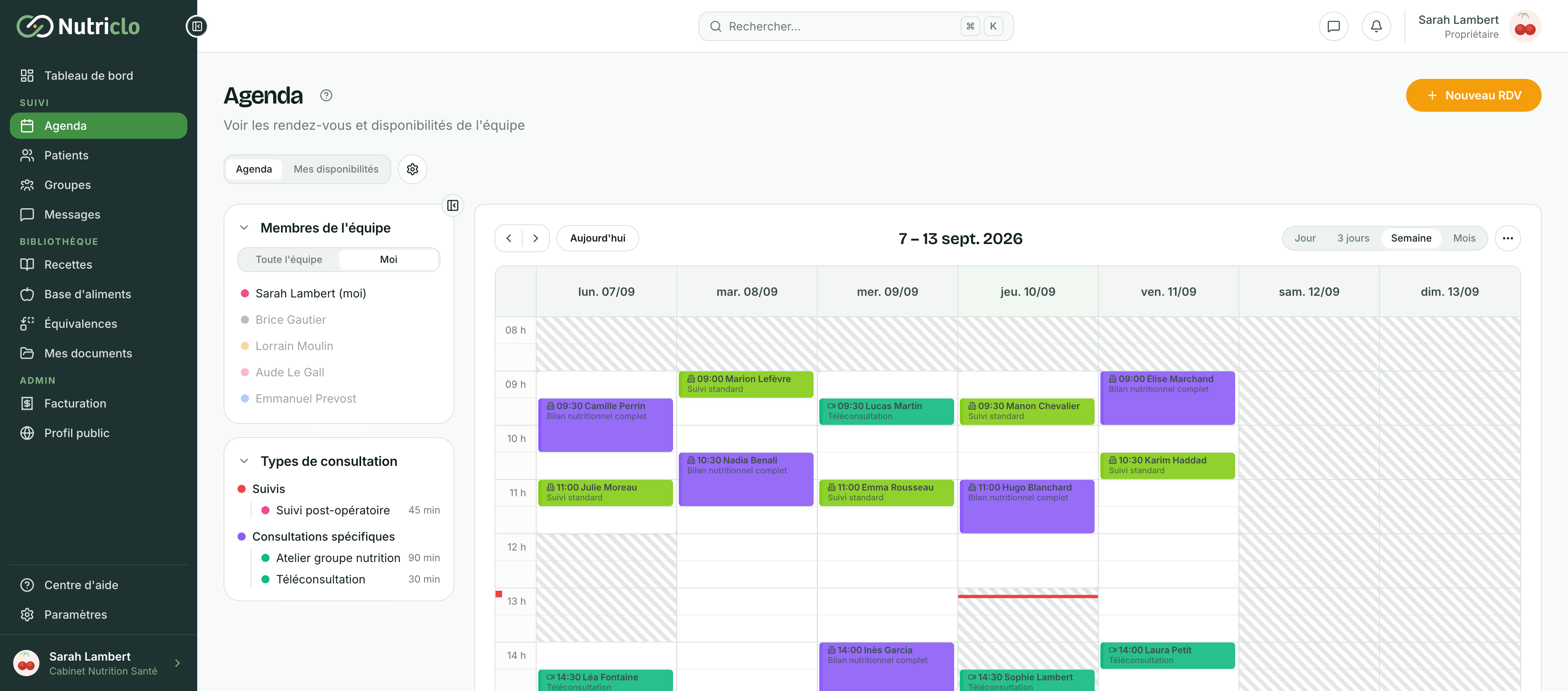 Agenda Nutriclo, vue semaine, avec le rendez-vous réservé en ligne